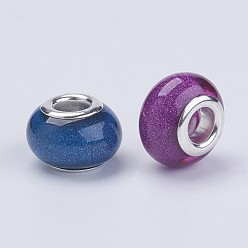 Mixed Color Large Hole Resin European Beads, with Silver Color Plated Brass Double Cores, Rondelle, Mixed Color, 14x9mm, Hole: 5mm
