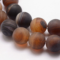 Coconut Brown Natural Striped Agate/Banded Agate Bead Strands, Round, Grade A, Frosted, Dyed & Heated, Coconut Brown, 6mm, Hole: 1mm, about 61pcs/strand, 15 inch