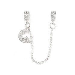 Луна Латунные паве прозрачные кубические цирконии европейские защитные цепи с подвесками, долговечный, стойки покрытие, серебряный цвет гальваническим, луна, 90 мм, отверстие : 4 мм, Луна: 12.5x8.5x2 мм