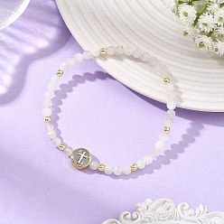 Moonstone Religion Natural Moonstone Beaded Stretch Bracelets with Brass Flat Round with Cross Beads, Inner Diameter: 2.30 inch(5.85cm)