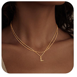 Letter L Сплав начальный кулон двухслойные ожерелья для женщин мужчин, золотые, Письмо L, 17.72 дюйм (45 см)