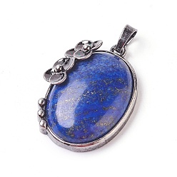 Ляпис-Лазурь Природный лазурит подвески, с латунной фурнитурой , овальные с цветком, античное серебро, 35x26.5x9 мм, отверстие : 7x5 мм