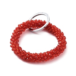 Red Glass Beaded Bracelet Wrist Keychain, with Iron Key Ring, Red, 9cm
