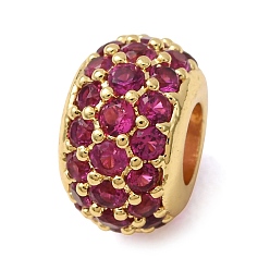 Medium Violet Red Brass Pave Cubic Zirconia European Beads, Large Hole Beads, Rondelle, Golden, Medium Violet Red, 6.5x10.5mm, Hole: 4.5mm