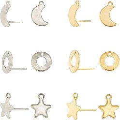 Golden & Stainless Steel Color 304 Stainless Steel Stud Earring Findings, with Stainless Steel Ear Nuts, Moon, Rings and Stars, Golden & Stainless Steel Color, 14.5x9.5x0.5mm, Hole: 1.4mm, Pin: 0.8mm, 2 colors, 6pair/color, 12pair