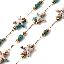 Разноцветный Ручная работа 304 звенья цепи из нержавеющей стали с имитацией бирюзы в виде морской звезды, пайки, с 316 цепями из нержавеющей стали, катушкой и окрашенной оболочкой, ионное покрытие (ip), реальный 18 k позолоченный, красочный, бисер: 10x10x4 мм & 5x3.5 мм