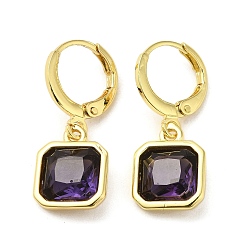 Purple Golden Brass Dangle Leverback Earrings, with Square Glass, Purple, 25.5x10.5mm