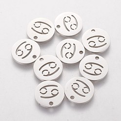 Cancer 304 Stainless Steel Charms, Flat Round with Constellation/Zodiac Sign, Cancer, 12x1mm, Hole: 1.5mm