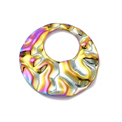 Rainbow Color Ion Plating(IP) 304 Stainless Steel Pendants, Textured, Round Ring Charm, Rainbow Color, 35x34.5x2.5mm, Hole: 15.5mm