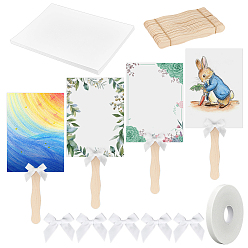 Snow DIY Fan Making Kits, include include 50Pcs Polyester Bowknots, 50Pcs Wood Fan Handle, 1 Roll EVA Double Sided Adhesive Tape, 50Pcs Craft Blank Paper, Snow, 55x57x5mm