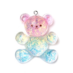Медведь Прозрачные смоляные подвески, с платиновой железной фурнитурой и пайетками, медведь, 42x33x9.5 мм, отверстие : 1.8 мм