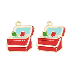 Red Alloy Enamel Pendants, Ice Insulated Box Charms, Golden, Red, 26x25x1mm, Hole: 2mm