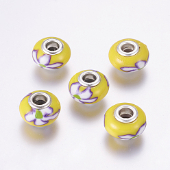 Gold Handmade Polymer Clay European Beads, Large Hole Beads, with Brass Findings, Rondelle with Flower Pattern, Silver Color Plated, Gold, 15~16x9~11mm, Hole: 5mm