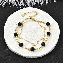 Обсидиан Природных браслеты Obsidian, латунные многорядные браслеты для женщин, долговечный, 7 дюйм (17.8 см) ~ 7-3/8 дюйм (18.6 см)
