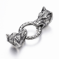 Antique Silver 316 Surgical Stainless Steel Linking Rings, with Cord Ends, For Leather Cord Bracelets Making, Wolf Head, Antique Silver, 44x18mm, Hole: 1~8mm