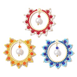 (52) Непрозрачная лаванда 3шт 3цвета стеклянные бисерные подвески-солнца, с латунными соединительными подвесками и бусинами из ракушек и стекла, разноцветные, 36.5x43x8 мм, отверстие : 1.2 мм, 3 цветов