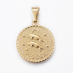Pisces Real 18K Gold Plated 304 Stainless Steel Pendants, Flat Round with Twelve Constellation/Zodiac Sign, Pisces, 29x25x3.2mm, Hole: 9x4.5mm