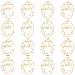 Золотой Латунные подвески, полый, овал с человеческим лицом, золотые, 41x27.5x0.5 мм, отверстие : 3 мм, 16 шт / коробка