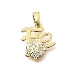 Настоящее золото 18K Подвески из латуни с прозрачными кубическими циркониями ко Дню святого Валентина, сердце со словом fe подвески, долговечный, реальный 18 k позолоченный, 14x13x2 мм, отверстие : 5x3 мм