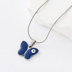 Blue 304 Stainless Steel Enamel Evil Eye Butterfly Pendant Necklaces for Men Women, Stainless Steel Color, Blue, 15.75 inch(40cm)