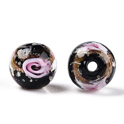 Черный Светящиеся бусины лэмпворк из золота и песка ручной работы, светится в темноте, круглая с цветком, чёрные, 8x8 мм, отверстие : 1.6 мм