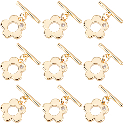 Настоящее золото 18K 10 Застежки-тоггл из латуни с микропаве из прозрачного кубического циркония, без кадмия, без никеля и без свинца, цветок, реальный 18 k позолоченный, Цветок: 14.5x14x2.5 мм, отверстие : 1.2 мм, бар: 17x4.5x2 mm, отверстие : 1.4 мм