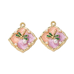 Dragonfly Подвески из эмалевого сплава легкого золота, с ABS имитации жемчуга, ромб прелести, стойки покрытие, стрекоза, 25x22x4 мм, отверстие : 1.8 мм