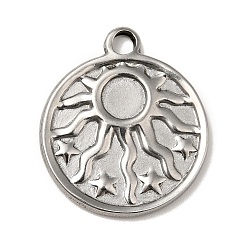 Stainless Steel Color Tarnish Resistant 304 Stainless Steel Pendant Cabochon Settings, Flat Round with Sun Pattern, Stainless Steel Color, Tray: 5mm, 21x18x2mm, Hole: 2mm