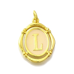 Letter L Латунные подвески, с эмалью, овальный с буквой, реальный 18 k позолоченный, с целью перехода в кольце, Письмо L, 20x15~15.5x2 мм, отверстие : 3.5 мм