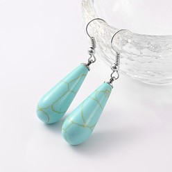Синтетическая Бирюза Серьги-подвески с каплевидным вырезом из латуни платинового тона с синтетической бирюзой, 47 мм , штифт: 0.7 мм