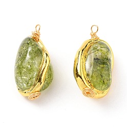 Olive Drab Nuggets Dyed Natural Quartz Crystal Pendants, Edge Golden Plated, with Real 18K Gold Plated Eco-Friendly Copper Wire, Olive Drab, 20~28x17~19x11~16mm, Hole: 1.8mm