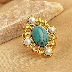 Бирюза 304 регулируемые манжеты из нержавеющей стали с бирюзой и пластиковым искусственным жемчугом для женщин, ромб, золотые, 37.5x31.5 мм, регулируемый