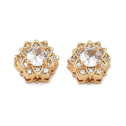 Clear Brass Micro Pave Cubic Zirconia Beads, Hexagon with Flower, Real 18K Gold Plated, Clear, 9.5x10x7mm, Hole: 1.6mm