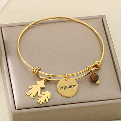 Золотой День матери 304 браслеты из нержавеющей стали с подвесками для женщин, плоский круглый и человеческий, с натуральным тигровый глаз, золотые, внутренний диаметр: 2-5/8 дюйм (6.8 см)