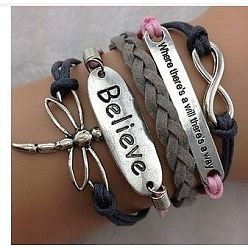 Dragonfly Браслеты из замши и искусственной кожи, вязанные из нескольких нитей, регулируемые браслеты из сплава, стрекоза, 7-1/8 дюйм (18 см)