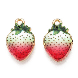 Honeydew Printed Alloy Pendants, Lead Free & Cadmium Free & Nickel Free, Strawberry Charm, Light Gold, Honeydew, 17x10.5x2.5mm, Hole: 1.8mm