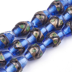 Blue Handmade Gold Sand Lampwork Beads, Drum, Blue, 15~18x10~12mm, Hole: 1.5~2mm