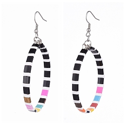 Черный Болтаются серьги, с 316 хирургическими крючками для серег из нержавеющей стали и стеклянными бусинами, кольцо, чёрные, 76 мм, штифты : 0.7 мм