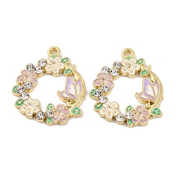 Фиолетовый Стойки обшивки сплава эмали подвески, со стразами, золотые, венок с подвеской-бабочкой, фиолетовые, 29x24.7x3 мм, отверстие : 1.6 мм