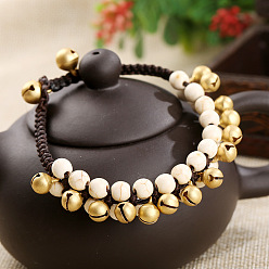 Белый Браслеты в стиле бохо с круглыми бусинами из синтетической бирюзы, латунным колокольчиком и плетеным вощеным шнуром, золотые, белые, 7-1/4 дюйм (18.5 см)