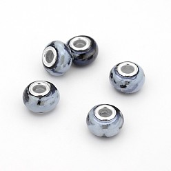 Лазурный Rondelle ручной фарфора большое отверстие европейские шарики, с платиновым покрытием латунь двойное сердечники, лазурный, 15x10 мм, отверстие : 5 мм