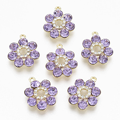 Flieder Vergoldete Legierung Anhänger, mit Glas Strass, Blume, Flieder, 19x16x5 mm, Bohrung: 1.2~1.5 mm