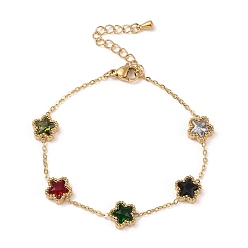 Colorful Glass Star Link Chain Bracelet, Ion Plating(IP) Golden 304 Stainless Steel Bracelets, Colorful, 6-3/8 inch(16.2cm)