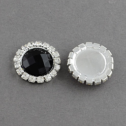 Black Shining Flat Back Faceted Half Round Acrylic Rhinestone Cabochons, with Grade A Crystal Rhinestones and Brass Cabochon Settings, Silver Metal Color, Black, 18x5.5mm