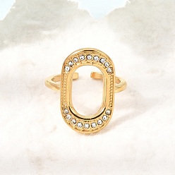 Real 18K Gold Plated 304 Stainless Steel Rhinestone Cuff Open Rings for Women, Oval, Ion Plating(IP), Real 18K Gold Plated, US Size 8 1/2(18.5mm), Surface: 22.5x14.5mm