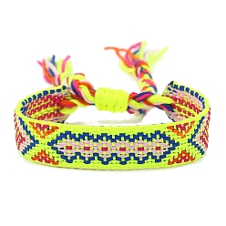 Yellow Bohemia Polyester Braided Rhombus Cord Bracelet, Adjustable Bracelet for Women, Yellow, 5-3/4 inch(14.5cm)