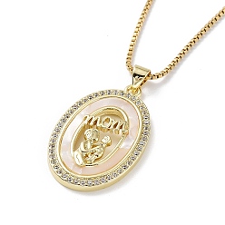 Oval Ожерелья с подвеской из латуни с микро паве на День матери и прозрачным кубическим цирконием, колье из ракушек с золотыми цепочками 304 из нержавеющей стали, овальные, 15.83 дюйм (40.2 см), овальный : 31x20 mm