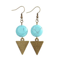 Синтетическая Бирюза Болтаться серьги синтетические бирюзовые, с подвесками из треугольного сплава и крючками из латуни, 64 мм, штифты : 0.7 мм