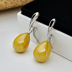 Светло-хаки Латунные пластиковые серьги-кольца, с имитацией жемчуга, слеза, платина, светлый хаки, 30x13 мм