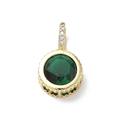 Green Brass Pave Cubic Zirconia Pendants, Flat Round Charms, Long-Lasting Plated, Rack Plating, Lead Free & Cadmium Free, Real 18K Gold Plated, Green, 21x12x7.8mm, Hole: 5x7mm